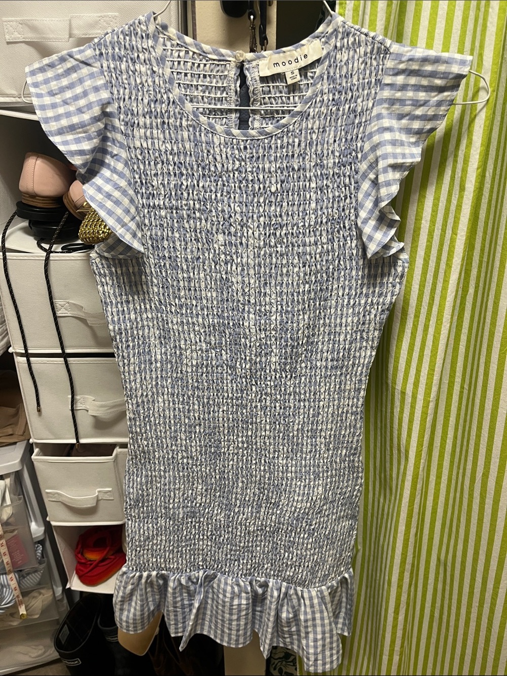 moodie Light Blue Gingham Smocked Mini Dress